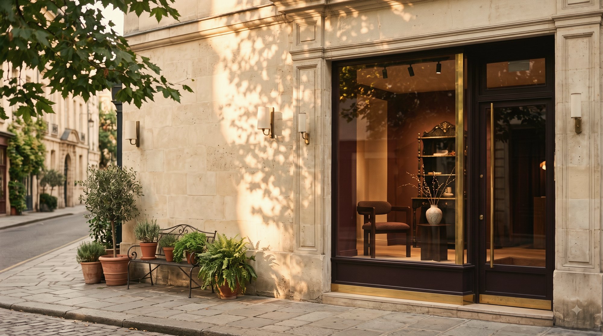 A quiet storefront with warm light